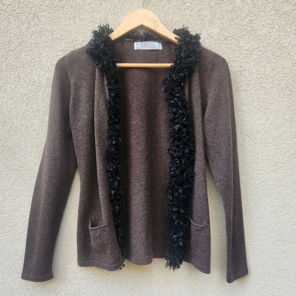 SHIRIN GUILD Women's Cardigan Small Brown Cashmere Made Scotland Luxury Sweater
